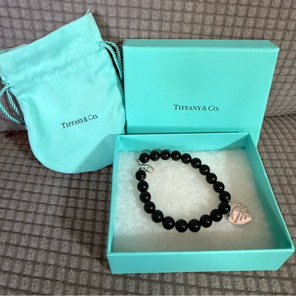 Tiffany & Co Silver Onyx Bead 8mm Heart Tag Charm Bracelet 7.5”-8” Inch Rare